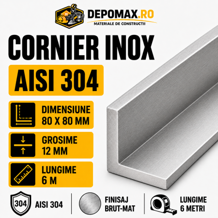 Cornier inox AISI 304, 80 x 80 x 12 mm, 6 metri
